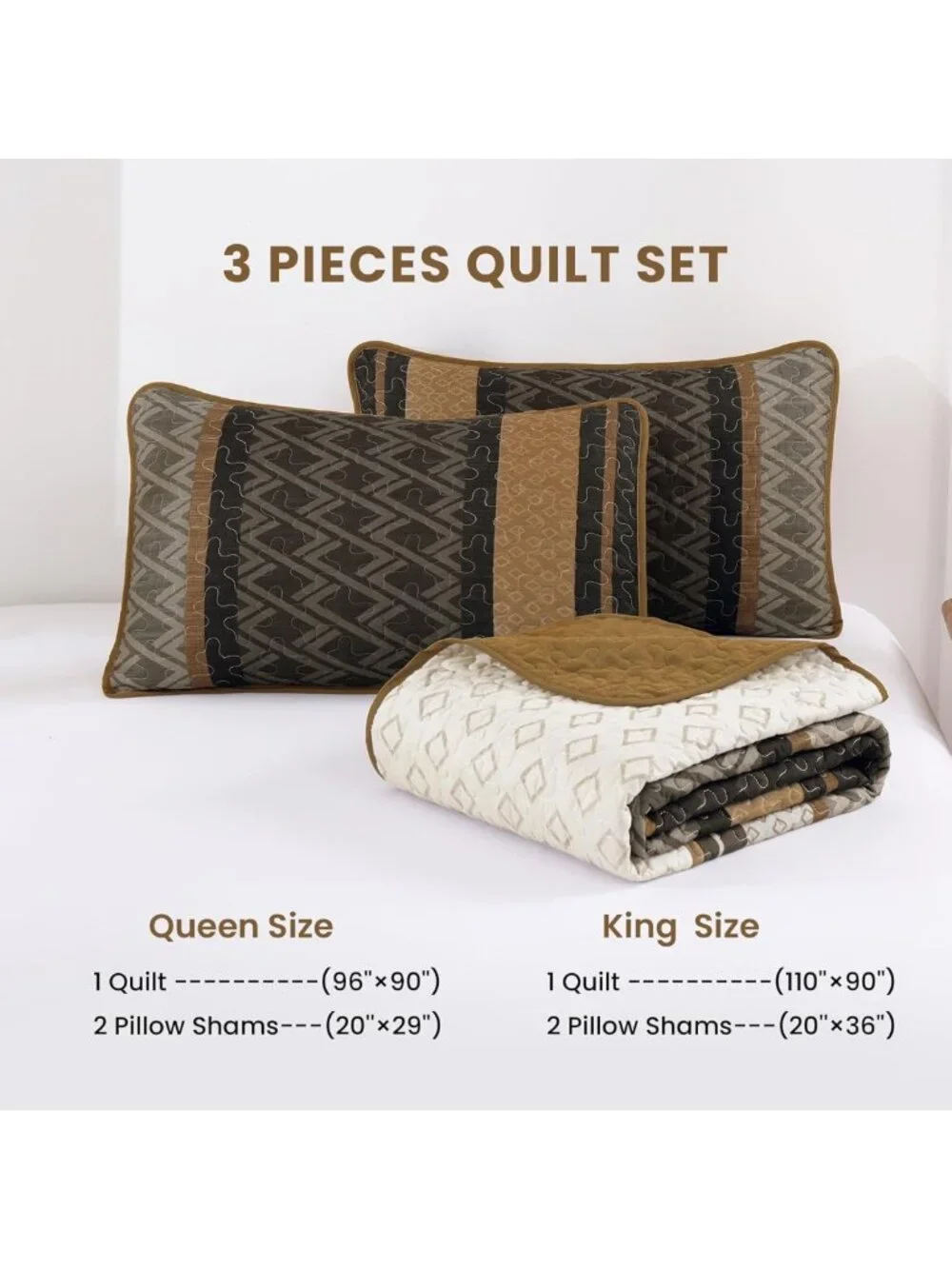 Boho King Size Quilt Set - Soft 3-Piece Striped Bedding, Lightweight Fall
